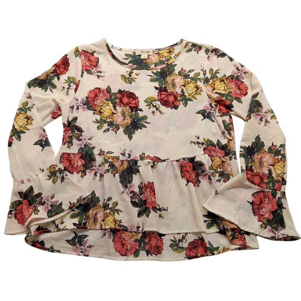 The Outfit Peplum Top Women's S Sequin Cream Floral Ruffle